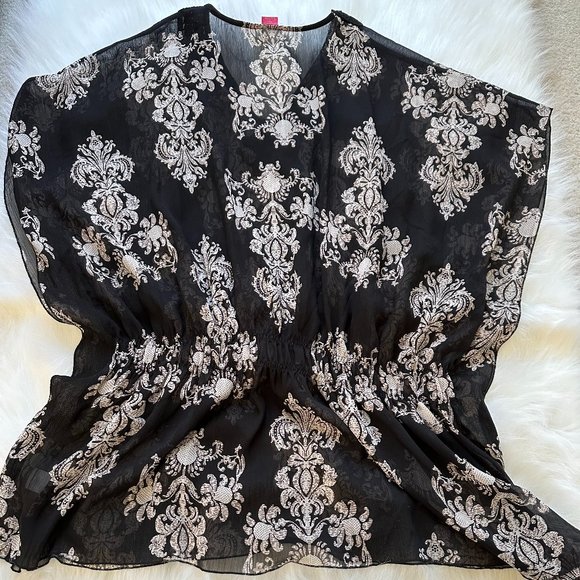 Sunny Leigh Tunic Cover Up Boho Beach Pool Flowy Black Gold Coins Resort Wear 1X - Picture 7 of 8